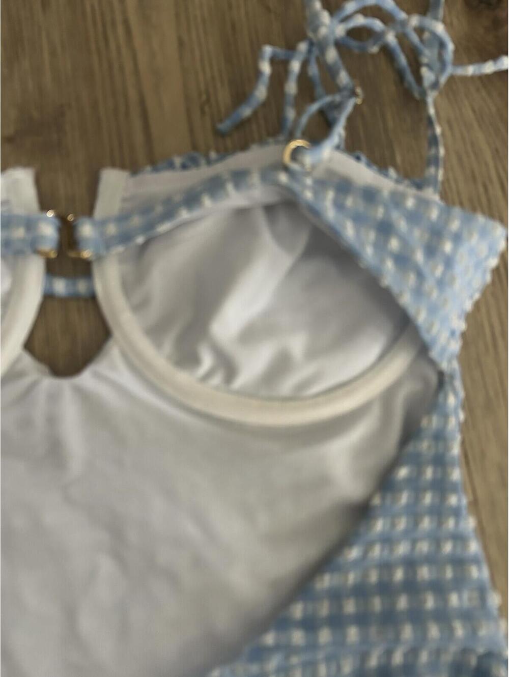 MONTCE Blue White Gingham One-Piece Tie Shoulder Swimsuit Size Medium - Picture 4 of 6